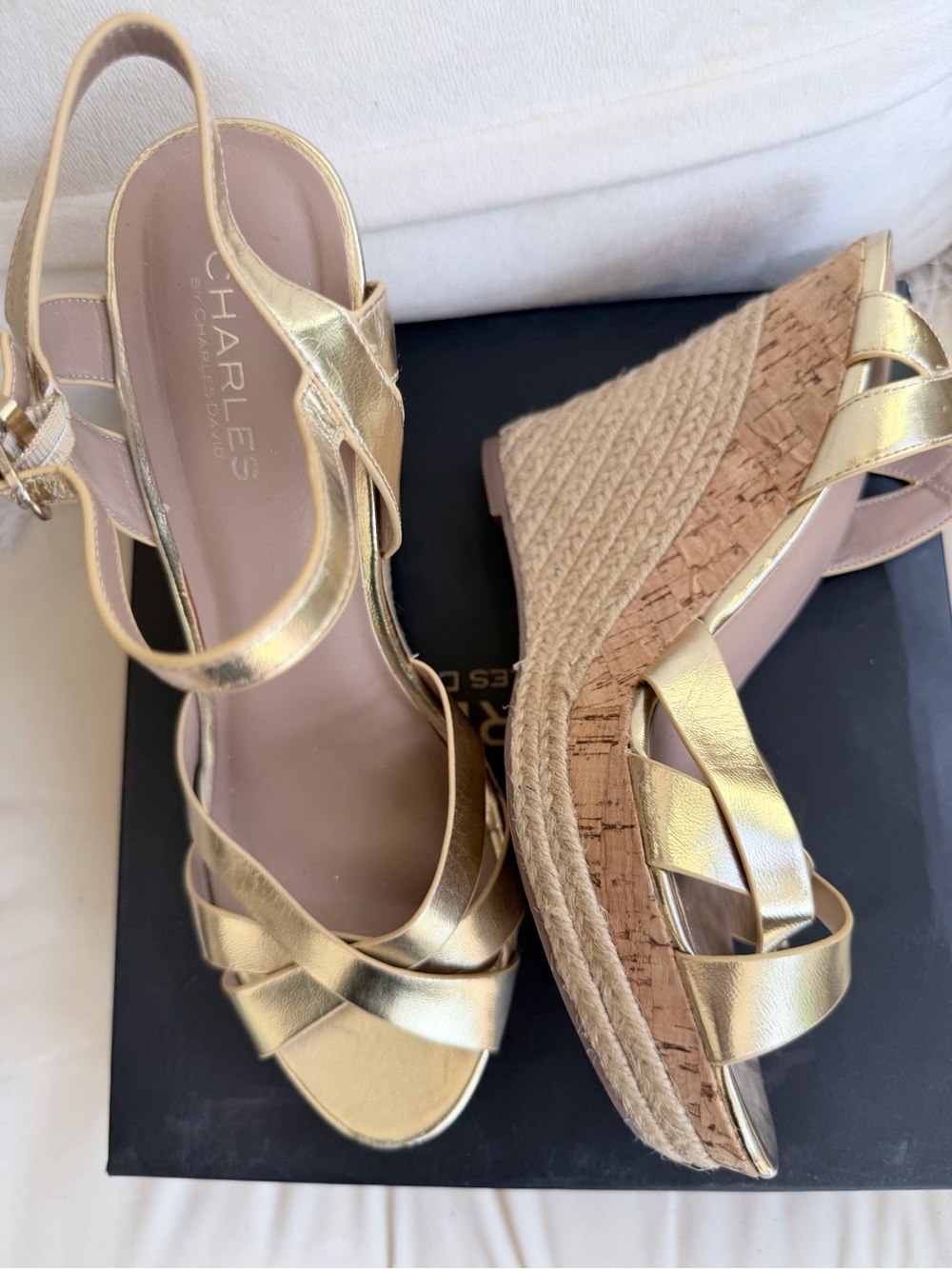 Charles David Metallic Gold Braided Espadrille Wedges with Ankle Wrap 10 - Picture 4 of 10